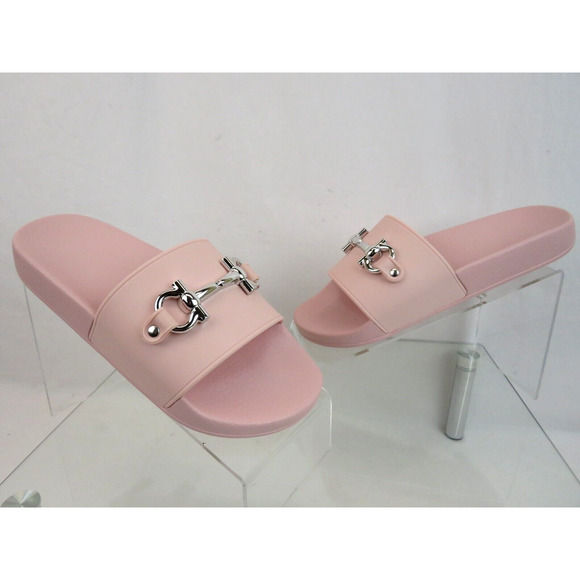 NIB FERRAGAMO GROOVY 11 PINK RUBBER SILVER GANCINI BIT LOGO SANDALS SLIDES 7 M - Picture 4 of 13